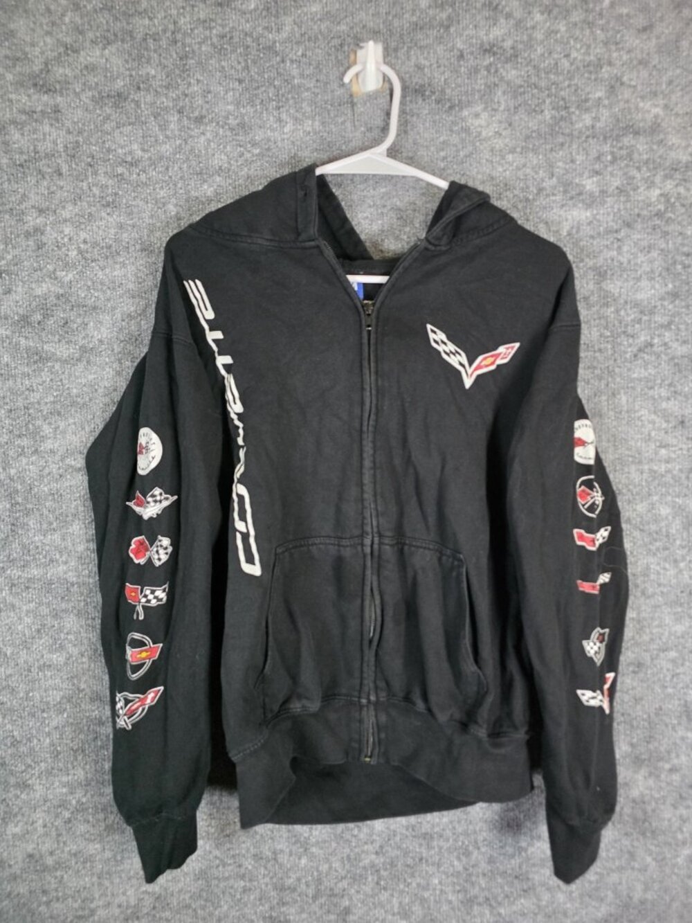 JH Design Hoodie Mens Small Black Corvette Full Zip Graphic Logo Sweatshirt